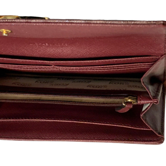 Michael Kors Jet Set Travel Wallet Fulton Purple Merlot Gold Logo Snap Foldover - Picture 5 of 10